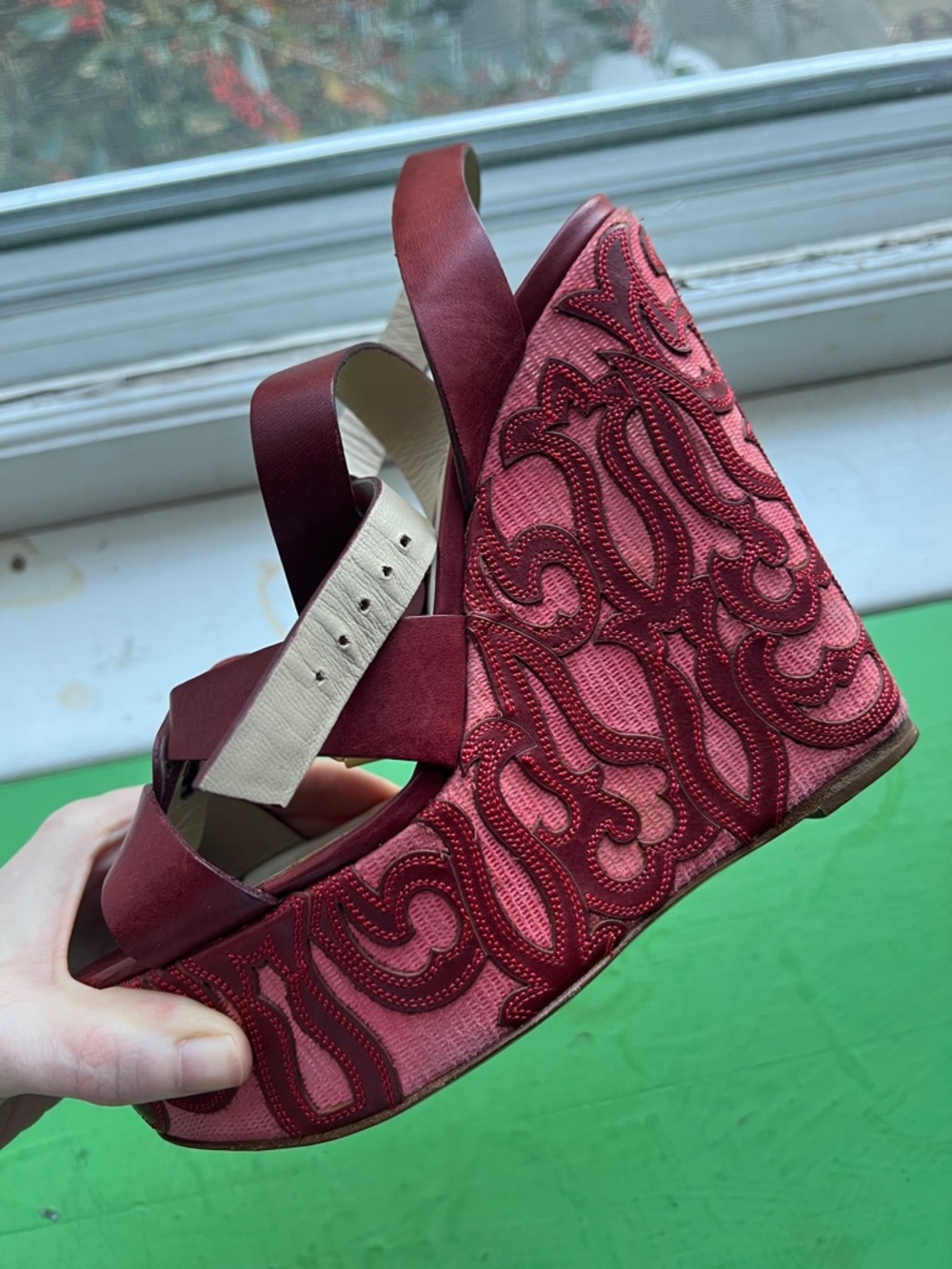 Etro Burgundy Red Embroidered Wedge Sandals